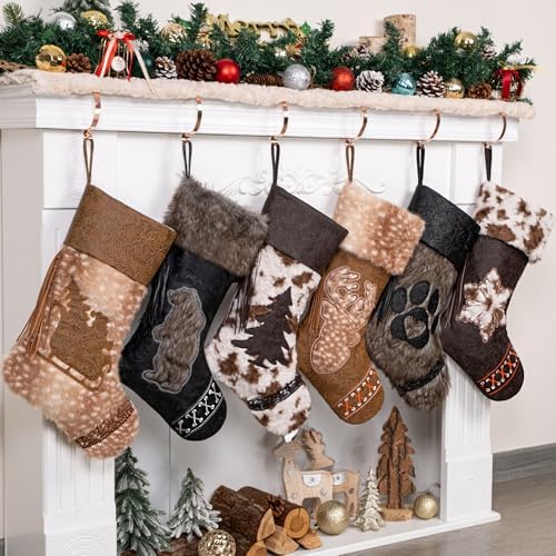 LUBOT Christmas Stockings Set of 6, Western Cowboy 20" Rustic Farmhouse Fireplace Hanging Décor Neutral Embossed Leather & Plush Faux Fur with Tassel Accents Large Family Xmas Stockings
