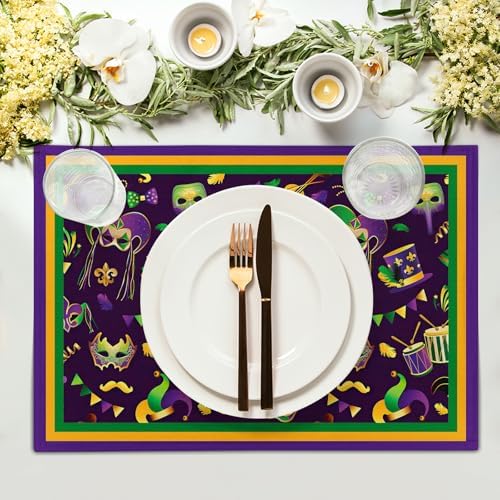 Mardi Gras Placemats Set of 6 18x12 Inch Carnival Fleur De Lis and Masks Linen Place Mat Heat-Resistant Washable Wipeable Table Mat for Party Kitchen Dining Home Decor