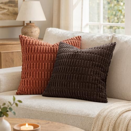 MIULEE Corduroy Decorative Throw Pillow Covers 20x20 Dark Brown Pack of 2