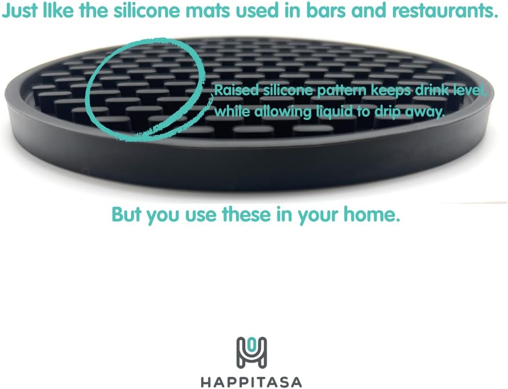 Holder / Bar Mat Style Silicone Beverage Coasters / Black / 4.25 Inch / Set of 6