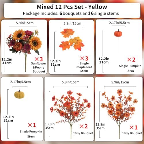 Mixed 12 Pcs Fall Artificial Flowers, Sunflower Peony Bouquet with Maple Leaves Pumpkins, Autumn Faux Floral Arrangements for Table,Thanksgiving, Halloween, Porch Planters, Garden Patio Outdoors Decor