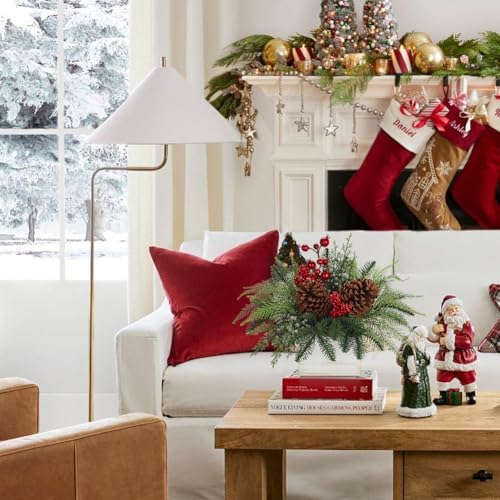 Christmas Centerpieces Table Decorations 10" Small Artificial Potted Christmas Tree Tabletop Pine Plants with Red Berry Pine Cones in Wooden Pot for Home Winter Xmas Mantel Farmhouse Indoor Decor