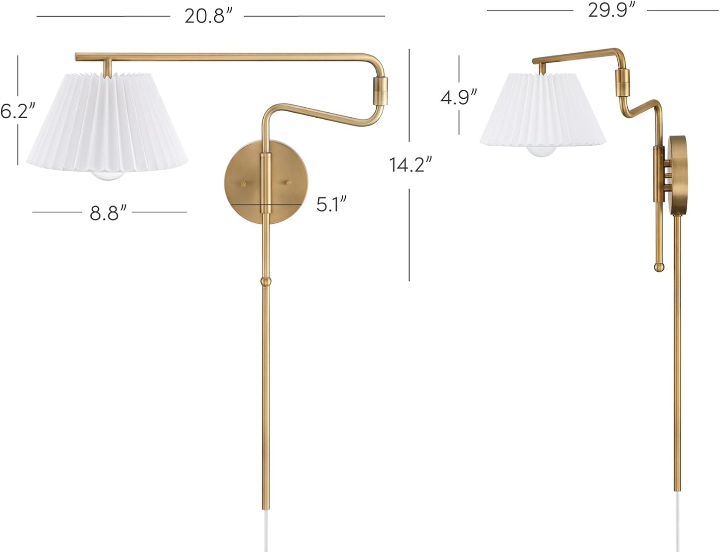 Nathan James Kai Modern Wall Mounted Plugin Bedside Reading Lamp with Pleated Shade, Vintaged Brass Finish
