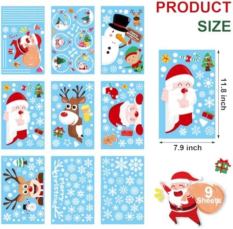 NEWMIAO Christmas Window Cling Stickers for Holiday Decorations, 9 Sheets Christmas Window Clings Snowflake Santa Claus Reindeer Snowman Xmas Decals for Glass Home Decor Party Supplies