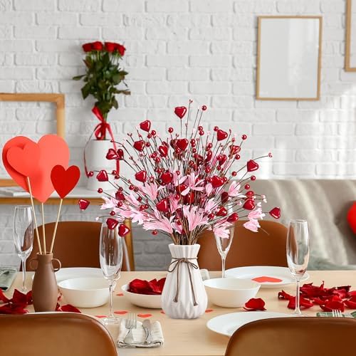 Valentine’s Day Gifts 12 Pcs Heart Shaped Berry Picks Artificial Red Heart Berry Twigs Forsythia Stem Branches with Pink Flowers for Valentine’s Day Anniversary Flower Bouquets Wedding Home Decor