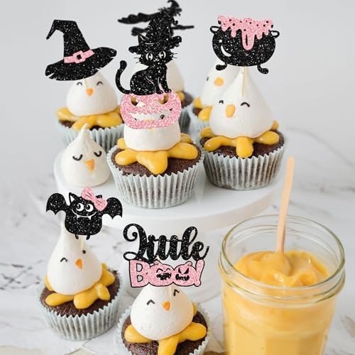 Gyufise 24Pcs Halloween Cupcake Toppers Glitter Pink Ghost Little Boo Bat Witch Cat Pumpkin Cupcake for Halloween Theme Baby Shower Birthday Party Cake Decorations Supplies
