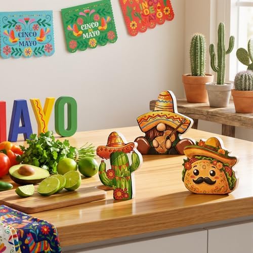 Smile Cinco De Mayo Wooden Tabletop Wooden Decor Set of 3 Mexican Fiesta Figurines (Gnome, Cactus, Taco) for Tiered Tray & Party Display