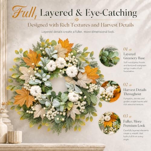 26 Inch Fall Wreaths for Front Door, Artificial Autumn Wreath