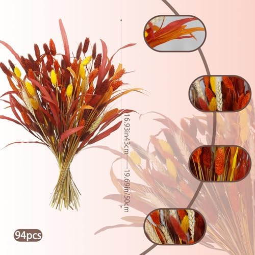 94 Pcs Artificial Fall Flowers Autumn Dried Flowers for Decoration Dried Bunny Tails Fall Bouquet Straw Leaves Wheat Floral Arrangement for Thanksgiving Table Centerpieces Halloween Decor