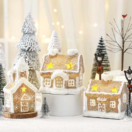 GlikCeil 17 Pcs LED Christmas Gingerbread Village, Ceramic Houses and Trees