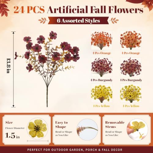 Der Rose 24 PCS Fake Fall Flowers for Outdoors Mums Porch Planter Decor