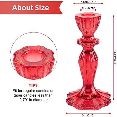 Glass Candle Holders, 2PCS Wide Base Candlestick Holder Decorative Candle Stand Table Centerpieces for Wedding Birthday Halloween Christmas Party, Red