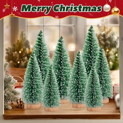 9 Pcs Mini Christmas Tree, Tabletop Christmas Tree with Wooden Bases Artificial Mini Tree with 3 Sizes Christmas Table Decor Bottle Brush Trees for Christmas Decorations (Green Snow)