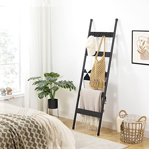 HOOBRO Blanket Ladder, 5-Tier Towel Rack with Hooks, Wall-Leaning Blanket Rack, Decorative Display Ladder Shelf