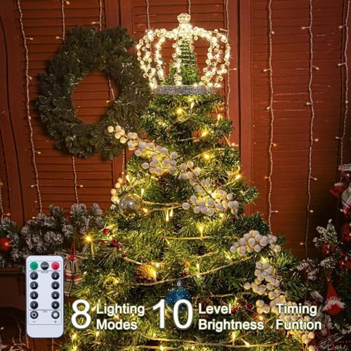 LAWOHO Christmas Tree Topper Star, Jeweled Crown with 60 Warm White LED USB Lighted Tree Topper, Xmas Tree Decor with Remote Control 8 Lighting Mode, Timer, Dimmer for Christmas Tree Ornament（Silver）