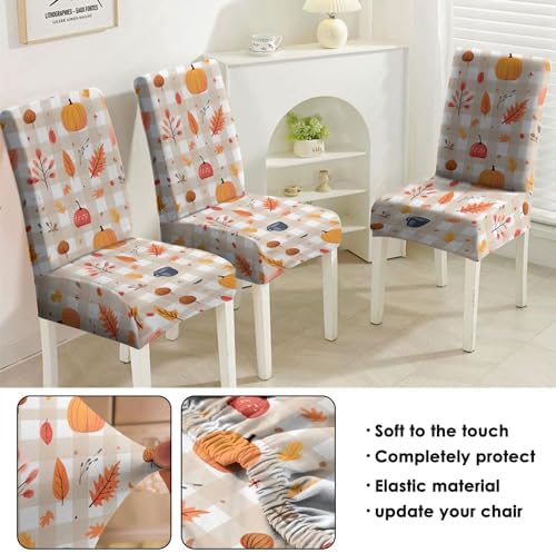 4 Pcs Fall Dining Chair Covers, Autumn Pumpkin Maple Leaves Buffalo Check Stretch Removable Washable Seat Slipcovers, Thanksgiving Kitchen Dining Room Hotel Decor