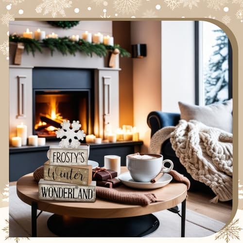 Lineshading 4 Pcs Winter Table Decorations Wooden Snowflake Decor Winter Tiered Tray Decor Rustic Snow Block Signs Gift
