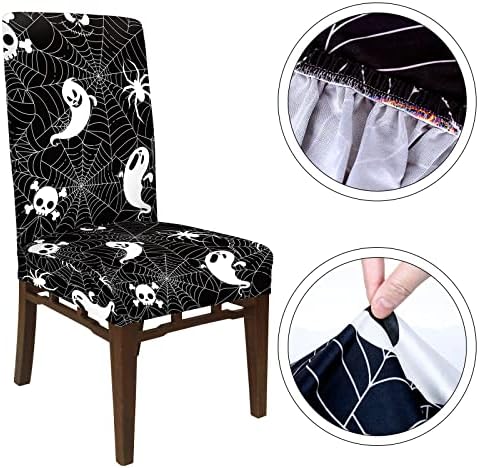 Whaline 4Pcs Halloween Chair Covers Black White Spider Web Ghost Skull Pattern Dining Chair Slipcovers Stretch Elastic Seat Covers for Halloween Party Home Kitchen Hotel Restaurant Ceremony Decor