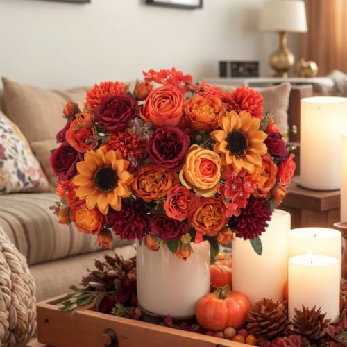 8 Pcs Mixed Autumn Artificial Peony Flower Set-4 Bouquets & 4 Stems, Burnt Orange Wine Red Fake Peony Sunflower Silk Flower for Fall Table Centerpiece Farm Wedding Thanksgiving Halloween Home Decor