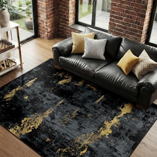 RELEANY Washable 4'x6' Abstract Area Rug for Living Room Black Gold