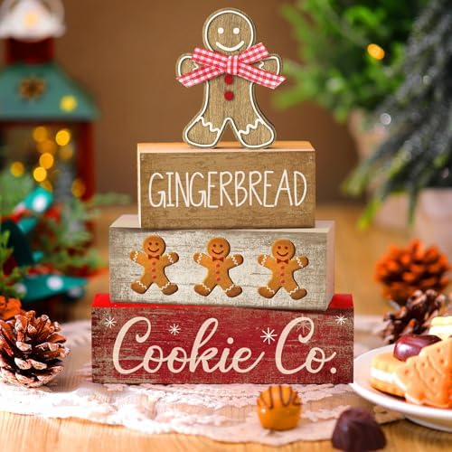Moucuny 4 Pcs Gingerbread Christmas Table Decor, Gingerbread Man Wood Sign