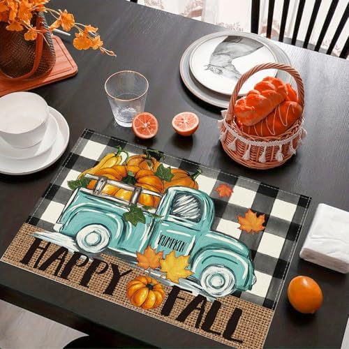 Niviy Buffalo Plaid Check Pumpkins Truck Thanksgiving Fall Placemats Set of 4, 12x18 Inch Autumn Table Mats for Holiday Party Kitchen Dining Room Decoration