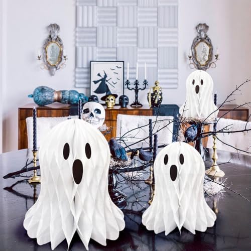 Halloween Ghost Honeycomb Hanging Decorations 6 Pcs White Table Centerpiece Paper Hanging Ornaments Halloween Party Window Spooky Haunted House Desk Decor