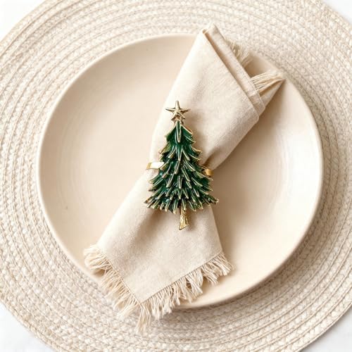 Christmas Tree Napkin Rings Set of 8, Gold Alloy Napkin Holders with Star Topper, Green Enamel Holiday Table Decor for Christmas Dinner