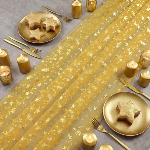 4 Pcs Gold Star Table Runner Sequin Tulle for Wedding Party