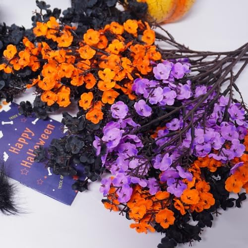 Uieke 6 Pcs Halloween Artificial Baby's Breath Flowers, Black & Purple & Orange Faux Gypsophila Flowers, Real Touch Silk Flowers for Cemetery Decor, Haunted House Party, Spooky Centerpieces