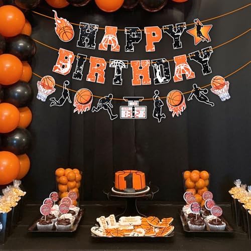 Basketball Happy Birthday Banner - Orange and Black Sports-Themed Party Decoration with Basketball Hoops and Fireball Design, Pre-Assembled, No DIY Required, Festive Indoor Outdoor Birthday Party Supplies