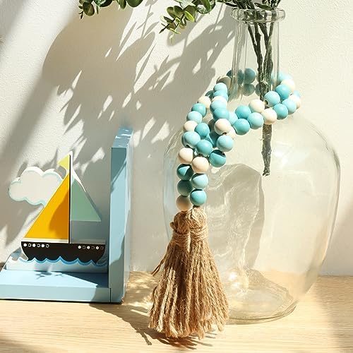Meplait Wood Bead Garland, 39in Decorative Tassels Garland, Blue&Natural