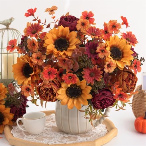 Mixed 5 Pcs Fall Artificial Sunflower Peony Bouquet, Yellow Burgundy Silk Faux Flower, Autumn Faux Floral Arrangements for Wedding Table Centerpiece DIY Thanksgiving Farmhouse Indoor Outdoor Decor