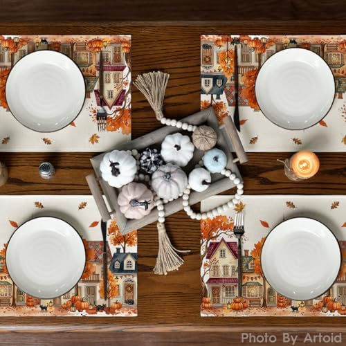 Artoid Mode Pumpkin House Tree Fall Placemats Set of 4-12 x 18 Inch