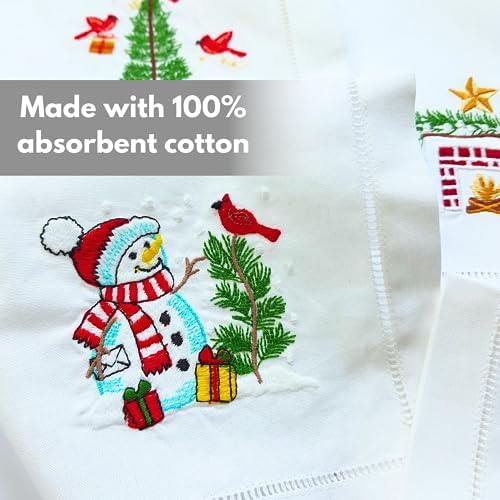HCRAFT Embroidered Cotton Table Napkin, Cloth Napkins Set of 4 18"x18" Christmas Fireplace Napkin Square Fabric, Dining Room, Napkins Cloth Machine Washable, Christmas Napkins, Great Present Ideas