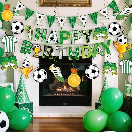Soccer Party Decorations, 14Pcs Soccer Birthday Party Supplies Include Soccers Happy Birthday Banner Paper Garland Hanging Swirl for Boys Sports Birthdays Decor