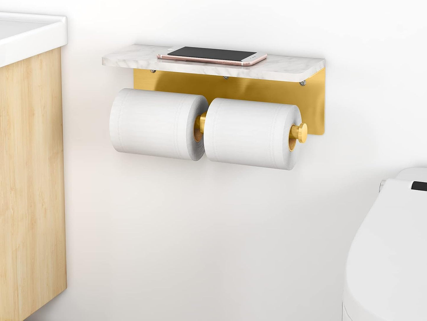 Gypie Brushed Gold Toilet Paper Holder with Marble Shelf, Double Rolls | Toilet Paper Holder with Storage, Toilet Paper
