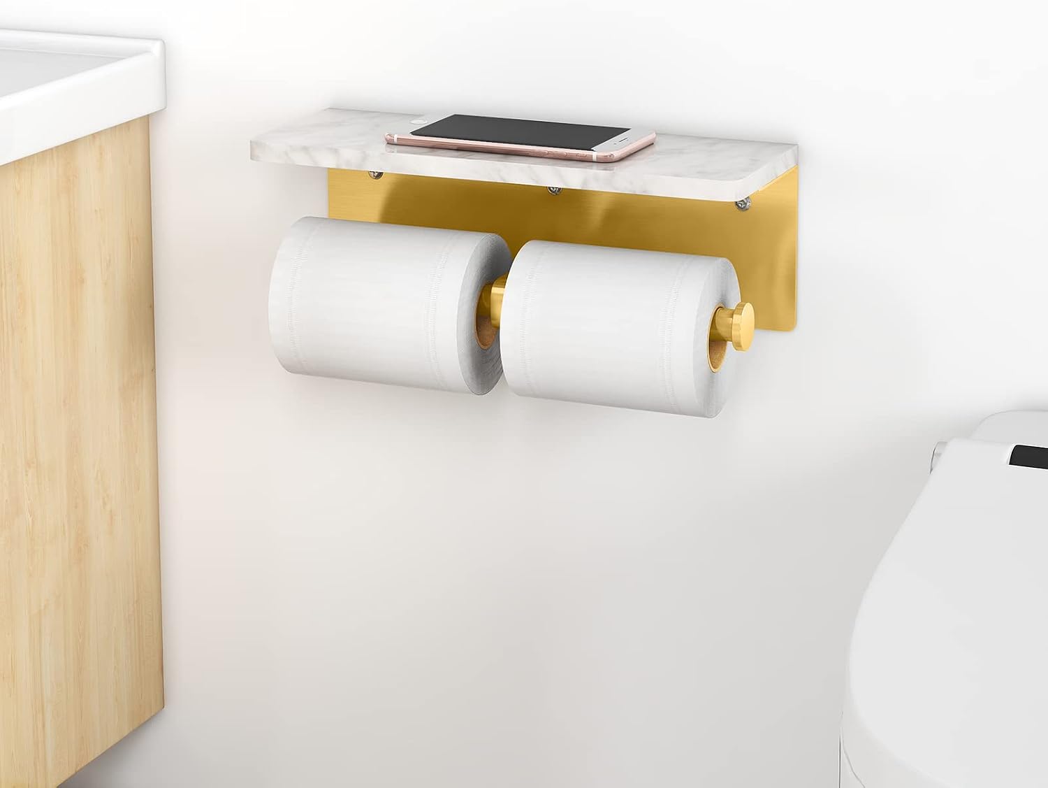 Gypie Brushed Gold Toilet Paper Holder with Marble Shelf, Double Rolls | Toilet Paper Holder with Storage, Toilet Paper