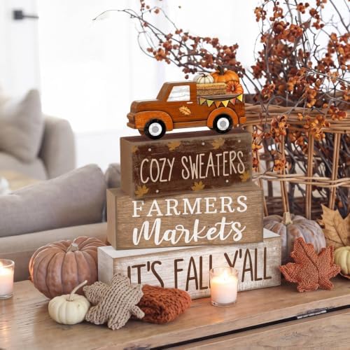 Lineshading 4 Pcs Fall Wooden Block Table Decor Stacked Signs Truck Topper