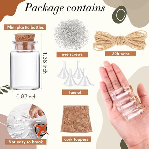 Bokon 100 Packs Mini Plastic Bottles with Corks Stoppers Eye Screws Funnels Small Potion Bottles Tiny Clear Sand Art Jar Wishing Vial for Birthday Party DIY Crafts Gift