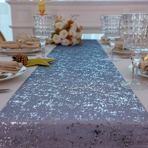 2 Pcs Navy Blue Silver Table Runner, Glitter Metallic Foil Mesh Roll 108"