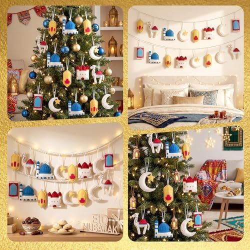 HunnmingRe 16 Pcs Ramadan Tree Ornaments 3D Felt Eid Mubarak Hanging Ornaments Ramadan Islamic Moon Star Castle Lantern Decorations for Holiday Party Door Home Wall Mantel Arts Crafts Gifts