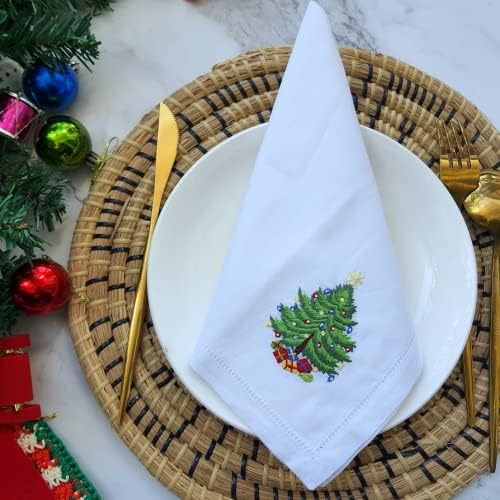 HCRAFT Embroidered Cotton Table Napkin, Cloth Napkins Set of 4 18"x18" Christmas Tree Napkin Square Fabric, Dining Room, Napkins Cloth Machine Washable, Christmas Napkins, Great Present Ideas