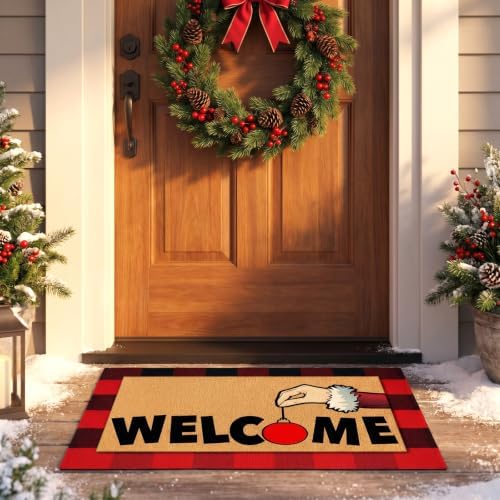 Tinideya 2 Pcs Christmas Door Mat Outdoor Layered Red and Black Welcome Mat
