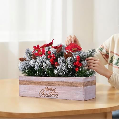 SVENJBB Christmas Table Centerpiece Decorations with Red Poinsettias, Snowy Norfolk Pine, Berries & Pine Cones in Wooden Box with “Merry-Christmas” Printing