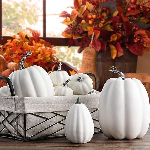Ywlake 16 pcs Pumpkin Fall Decorations, Decorative Large Small Outdoor White Foam Plastic Fake Faux Artificial Pumpkins for Halloween Autumn Harvest Festival Home Table Decor