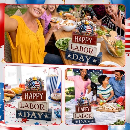 Moucuny 4 Pcs Labor Day Red White Blue Wooden Block Signs Table Decor