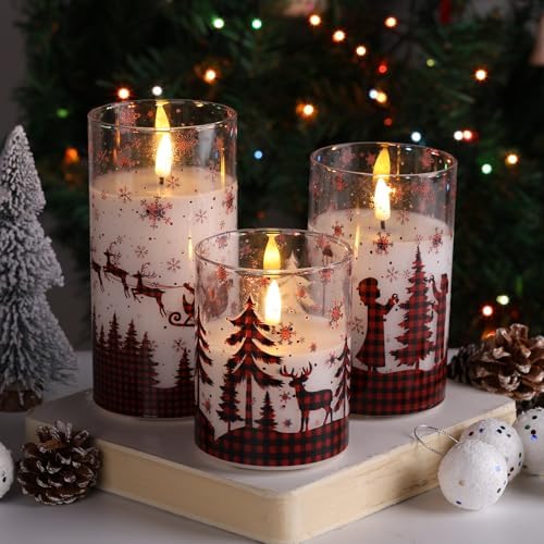 Eywamage Christmas Flameless Pillar Candles with Remote, Red Buffalo Plaid Table Decor, Flickering LED Pillar Candles Set of 3