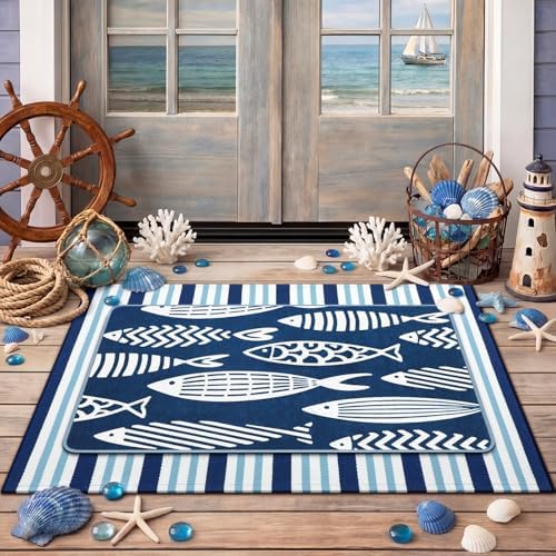 Tinideya 2 Pcs Coastal Fish Door Mat Outdoor Nautical Beach Welcome Mat