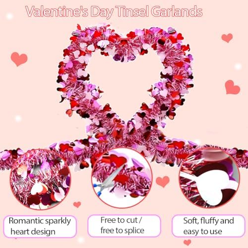 33 Ft Valentines Day Tinsel Garland Shiny Thick Tinsel Valentines Decorations Metallic Twist Foil Red White Pink Heart Garland for Anniversary Wedding Parade Floats Indoor Outdoor Decor Supplies